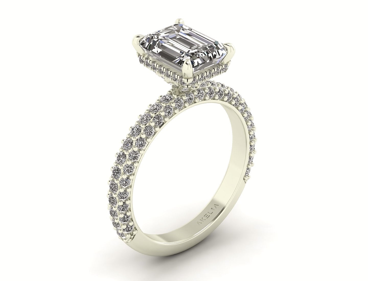 Celeste Emerald Hidden halo Three Row Micro Pavé Engagement Ring