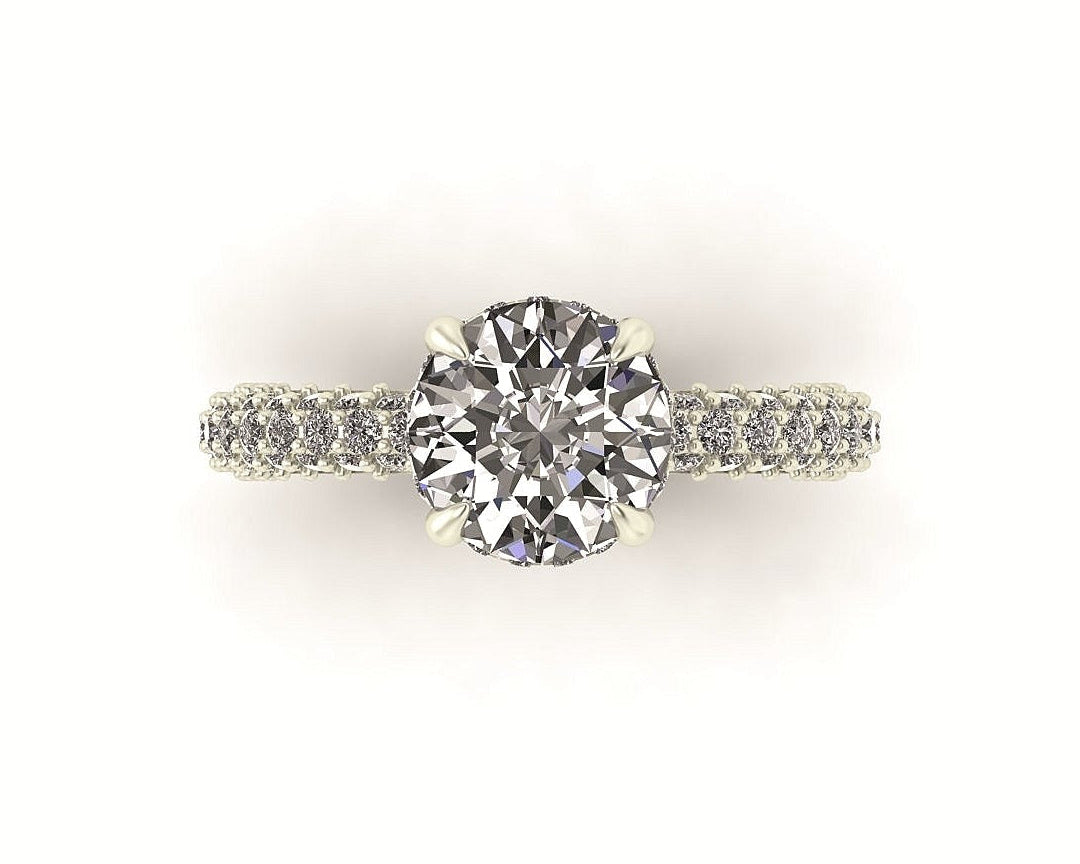 Celeste Round Hidden Halo Three Row Micro pavé Engagement Ring