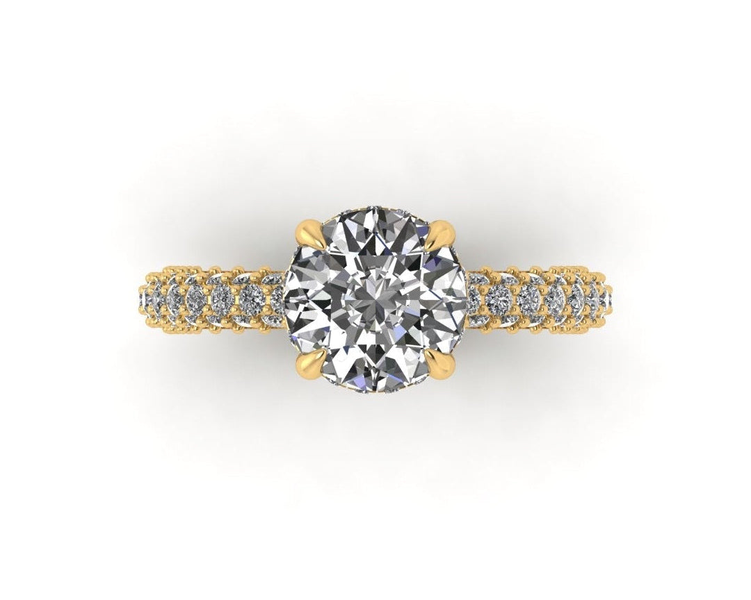 Celeste Round Hidden Halo Three Row Micro pavé Engagement Ring