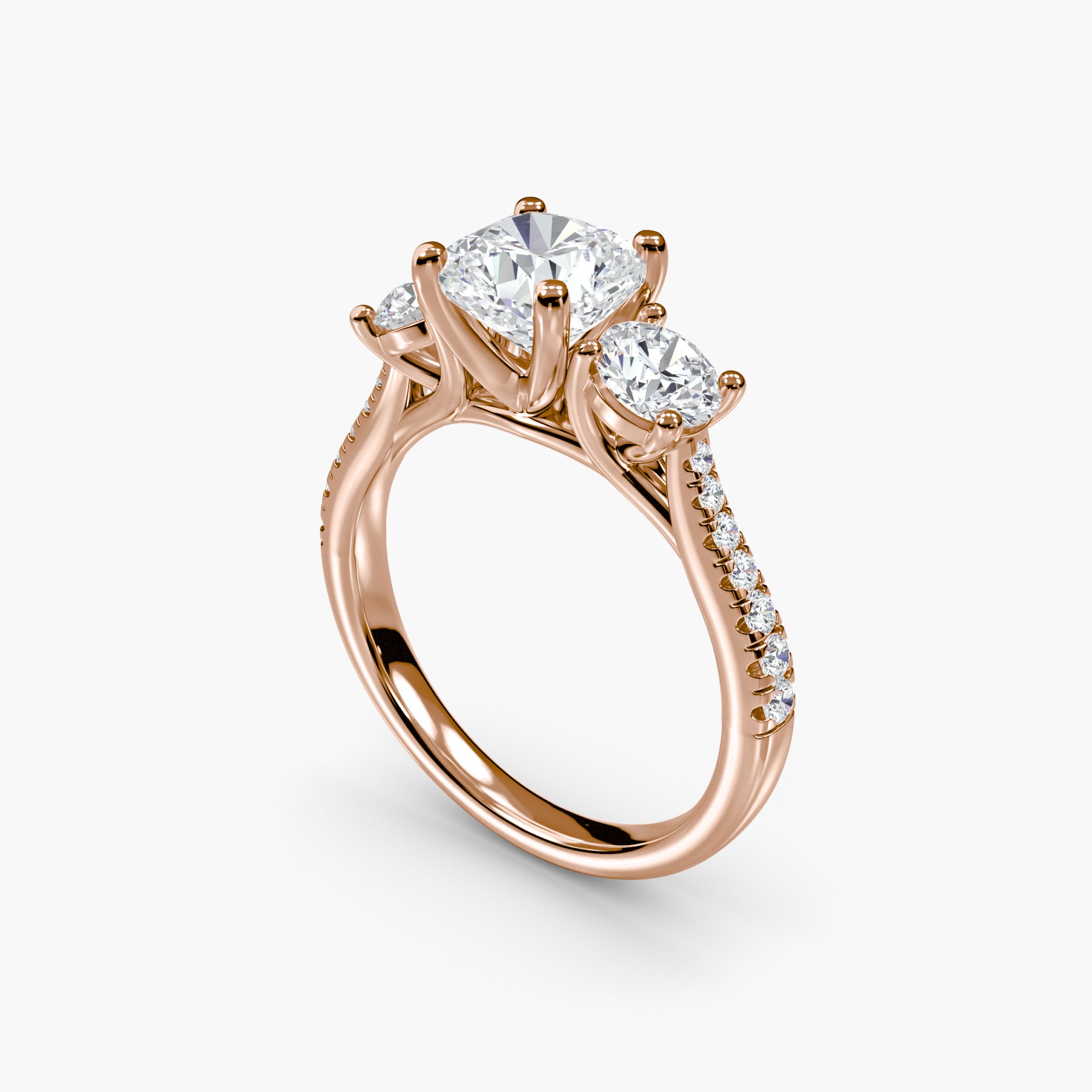 Cushion Three Stone Pavé Tapered Shank Ring