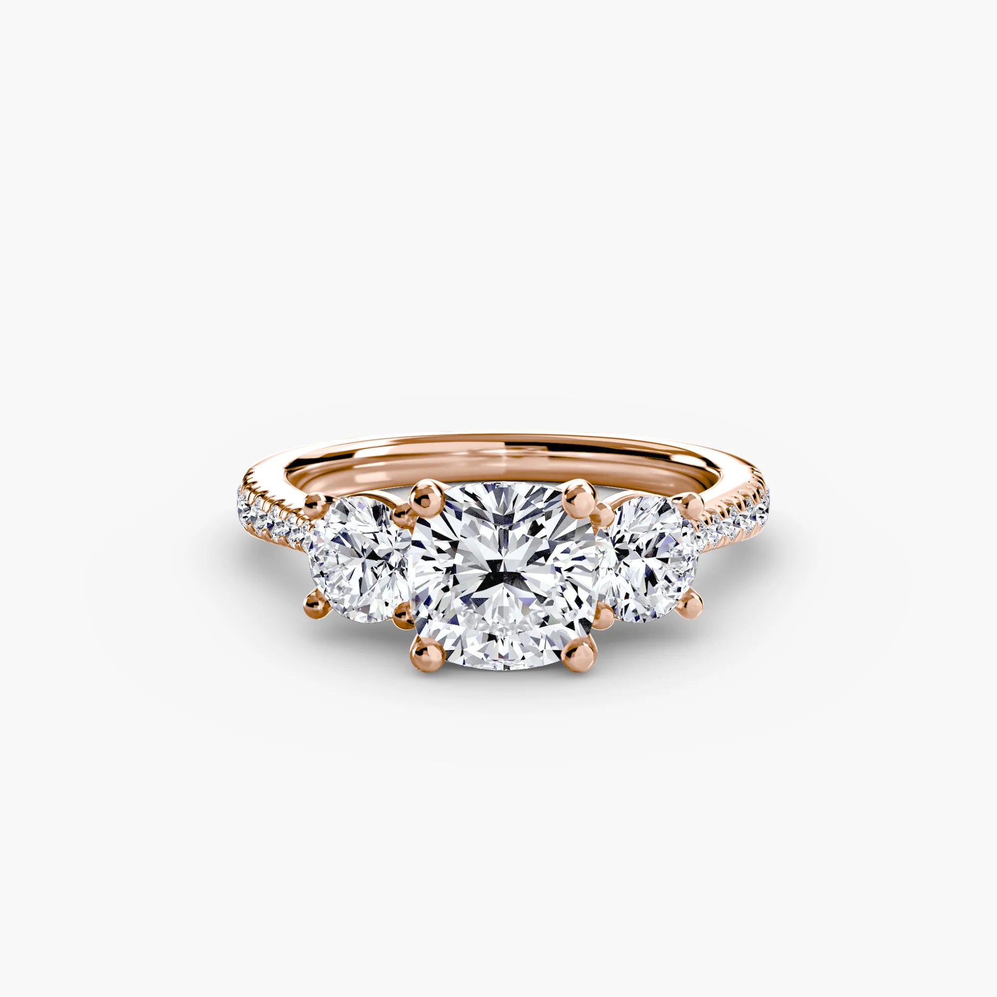 Cushion Three Stone Pavé Tapered Shank Ring