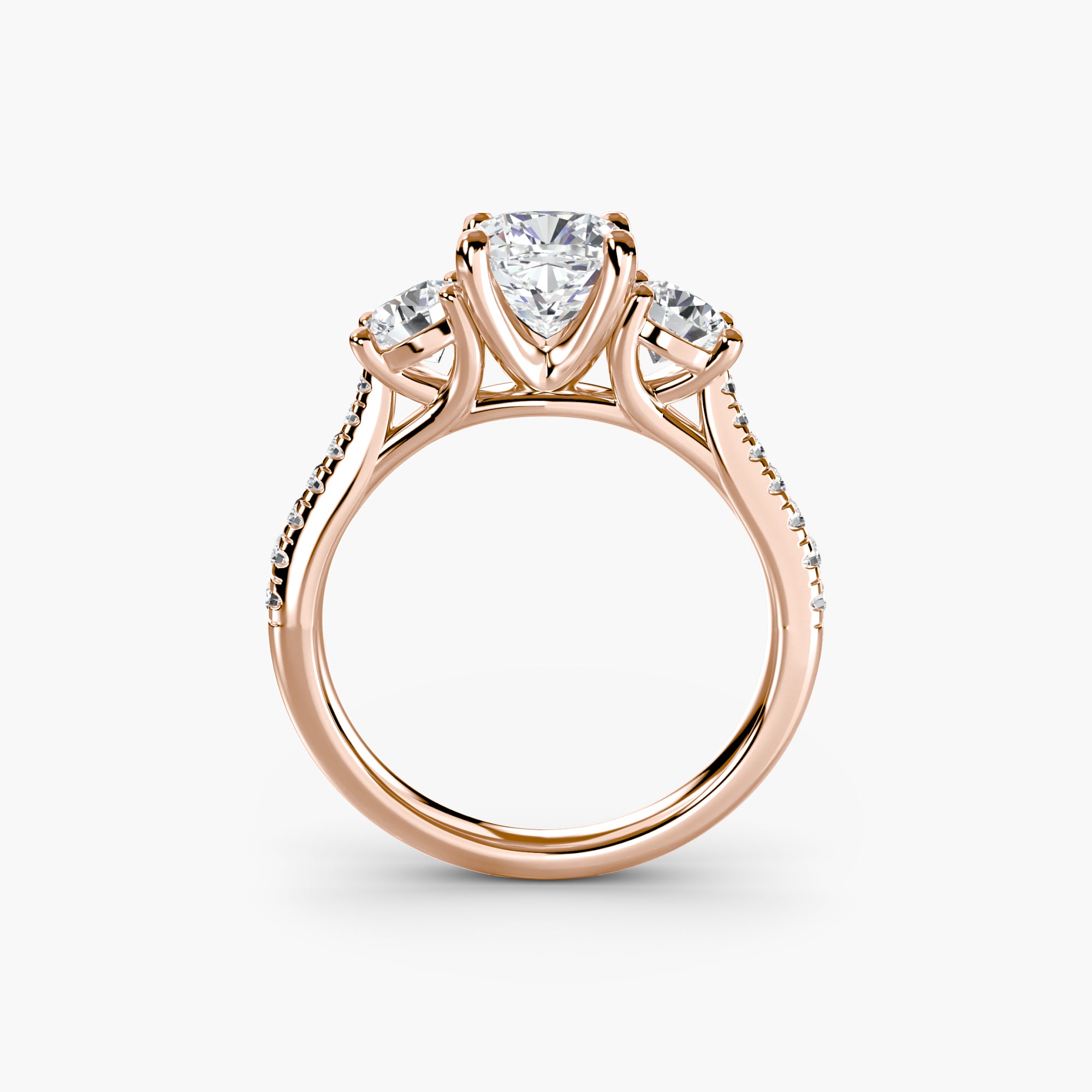 Cushion Three Stone Pavé Tapered Shank Ring