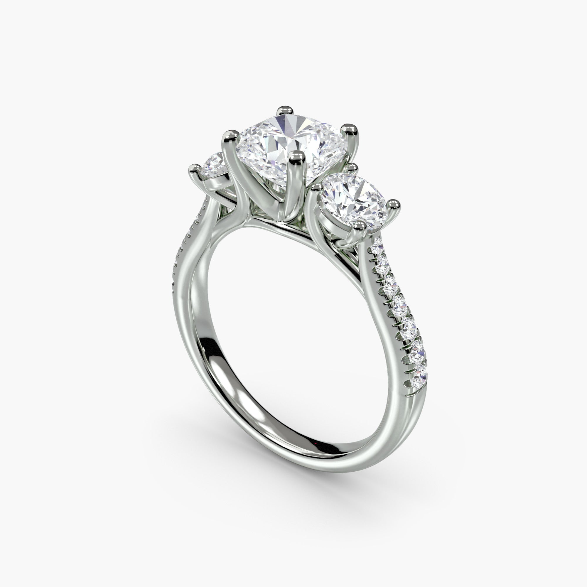 Cushion Three Stone Pavé Tapered Shank Ring