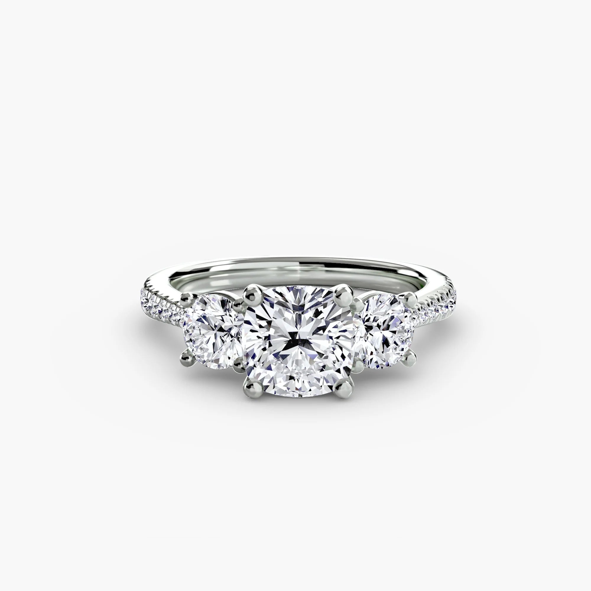 Cushion Three Stone Pavé Tapered Shank Ring