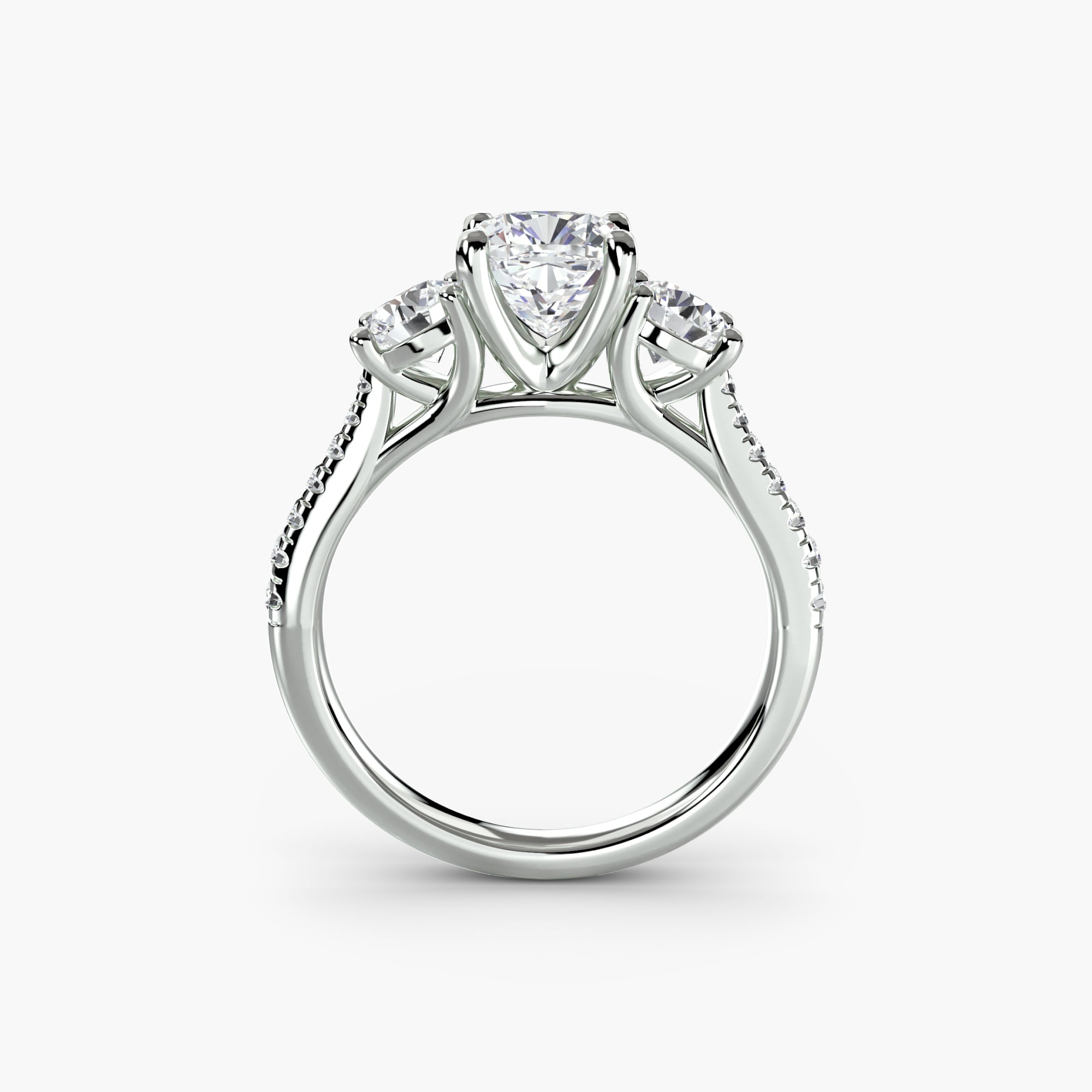 Cushion Three Stone Pavé Tapered Shank Ring