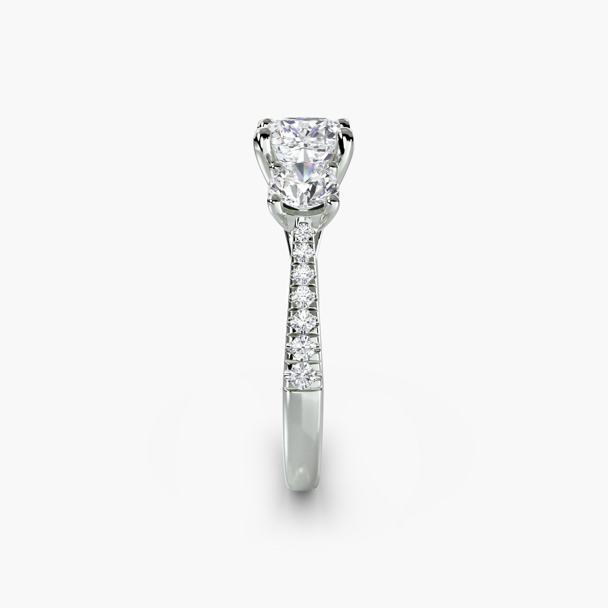 Cushion Three Stone Pavé Tapered Shank Ring