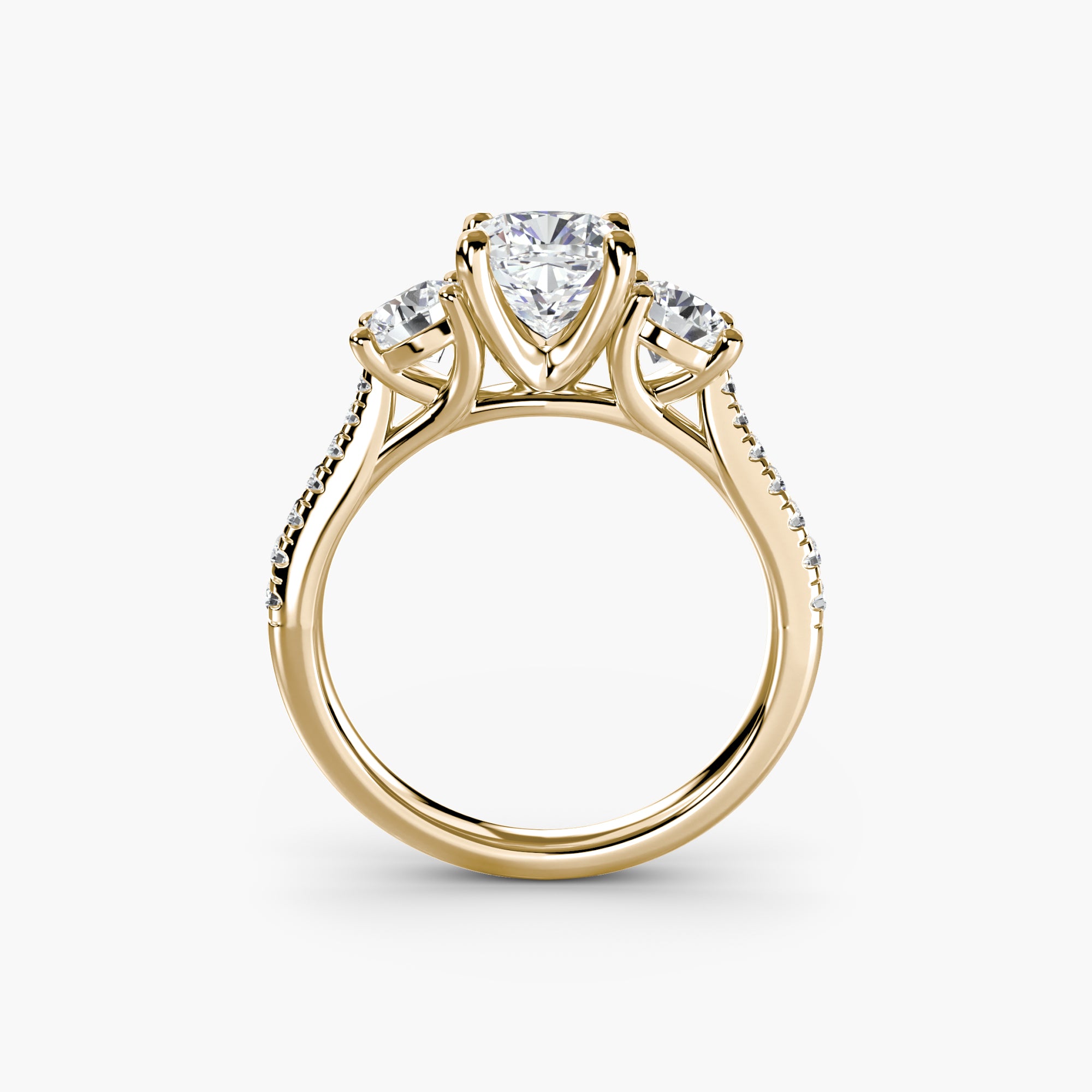 Cushion Three Stone Pavé Tapered Shank Ring