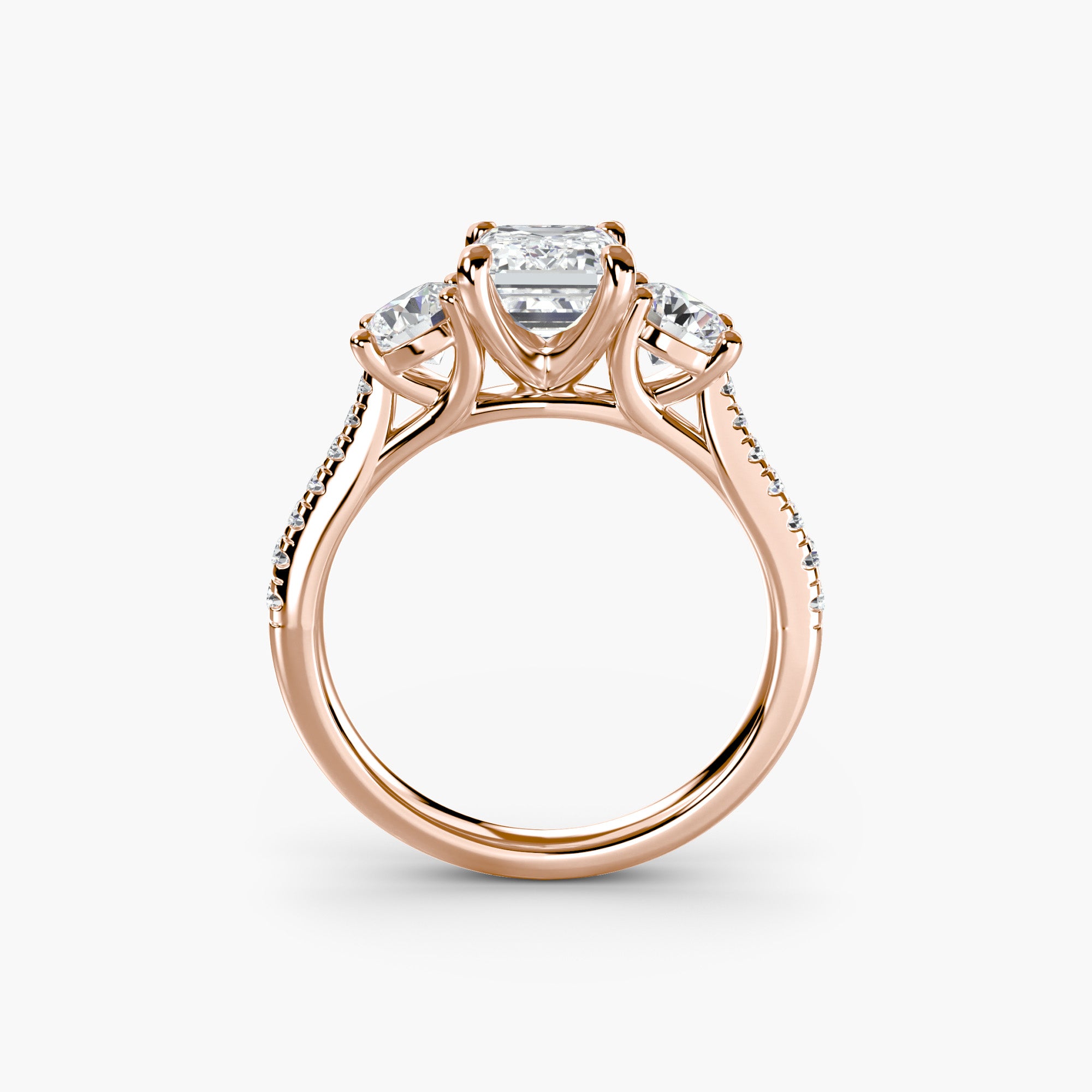Emerald Three Stone Pavé Tapered Shank Ring