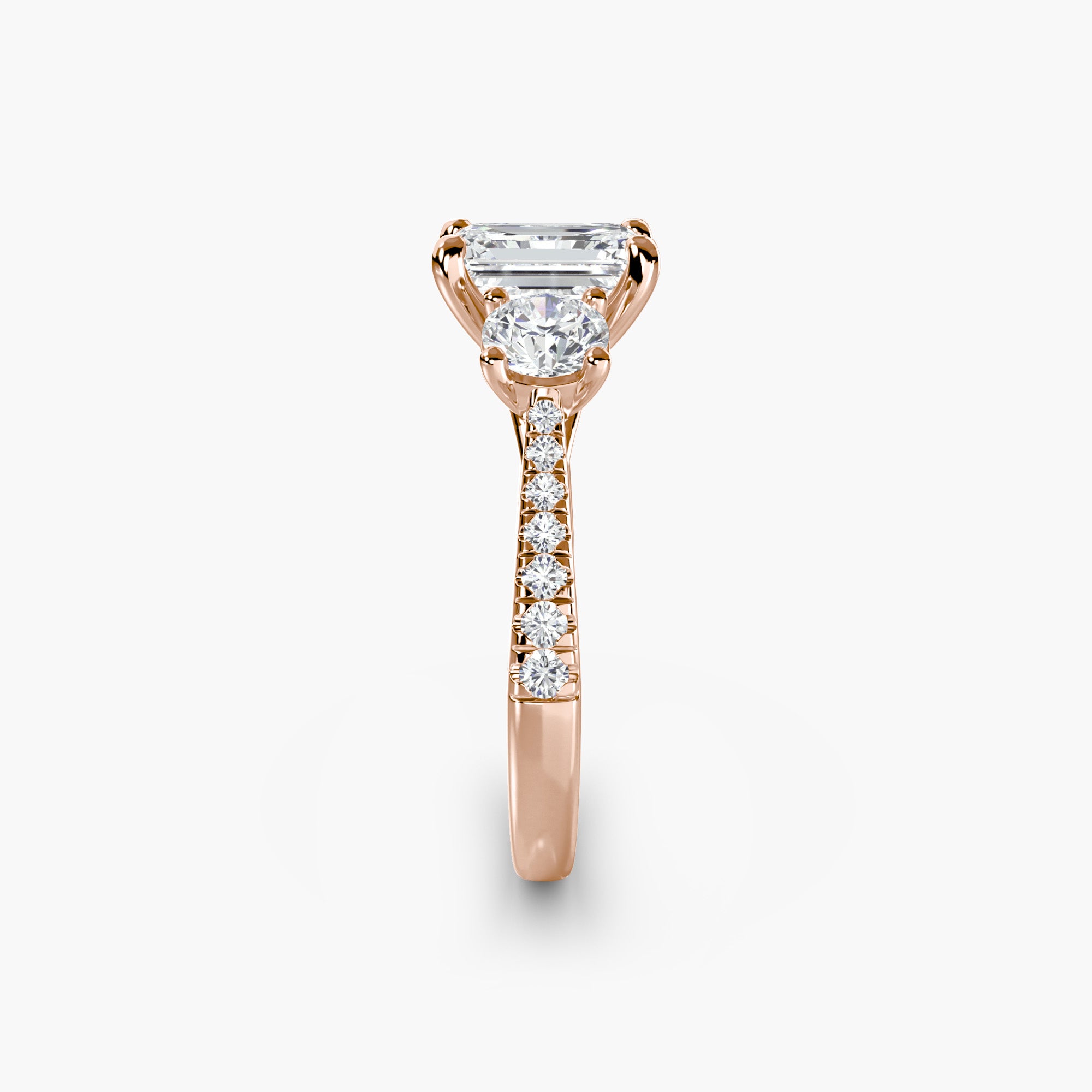 Emerald Three Stone Pavé Tapered Shank Ring