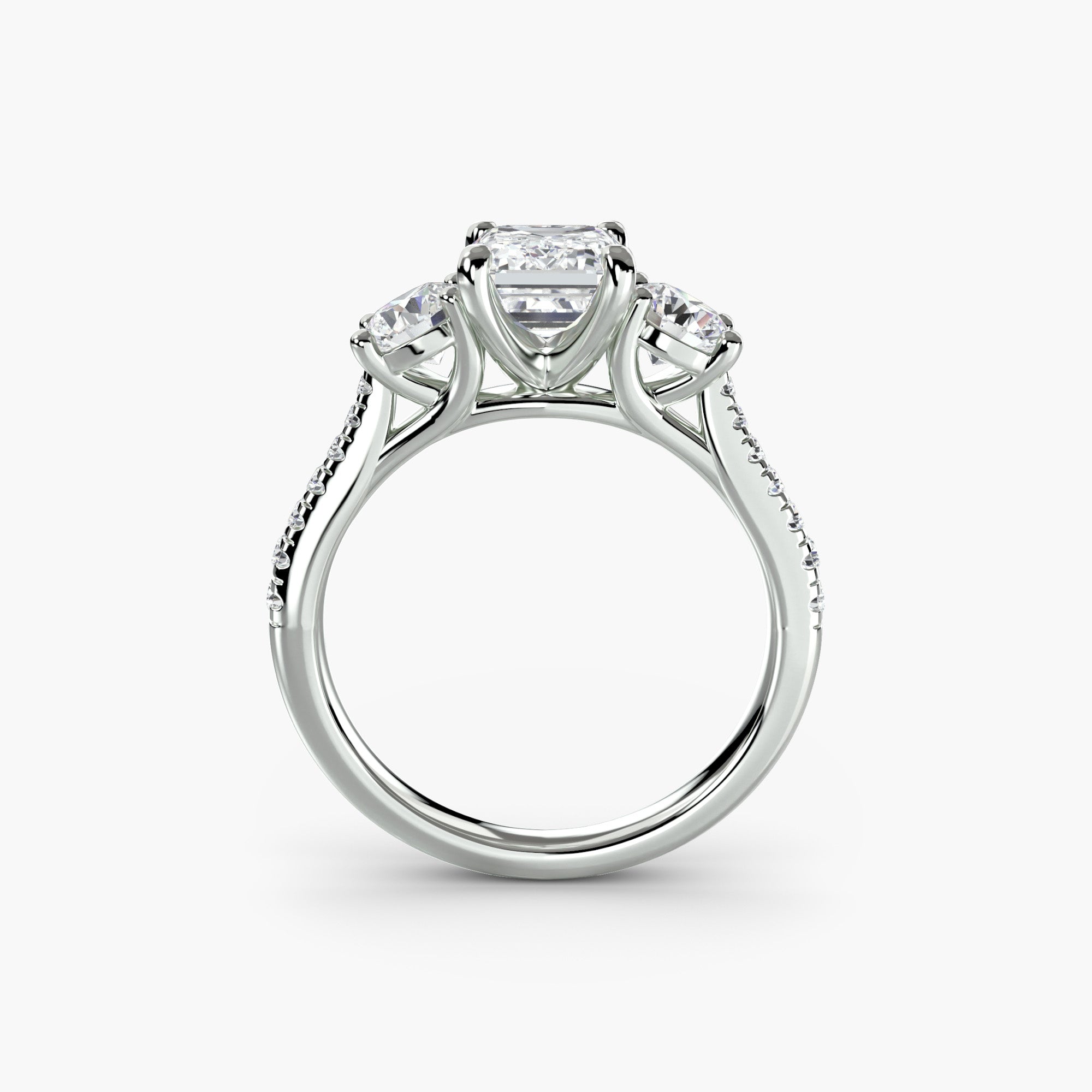 Emerald Three Stone Pavé Tapered Shank Ring