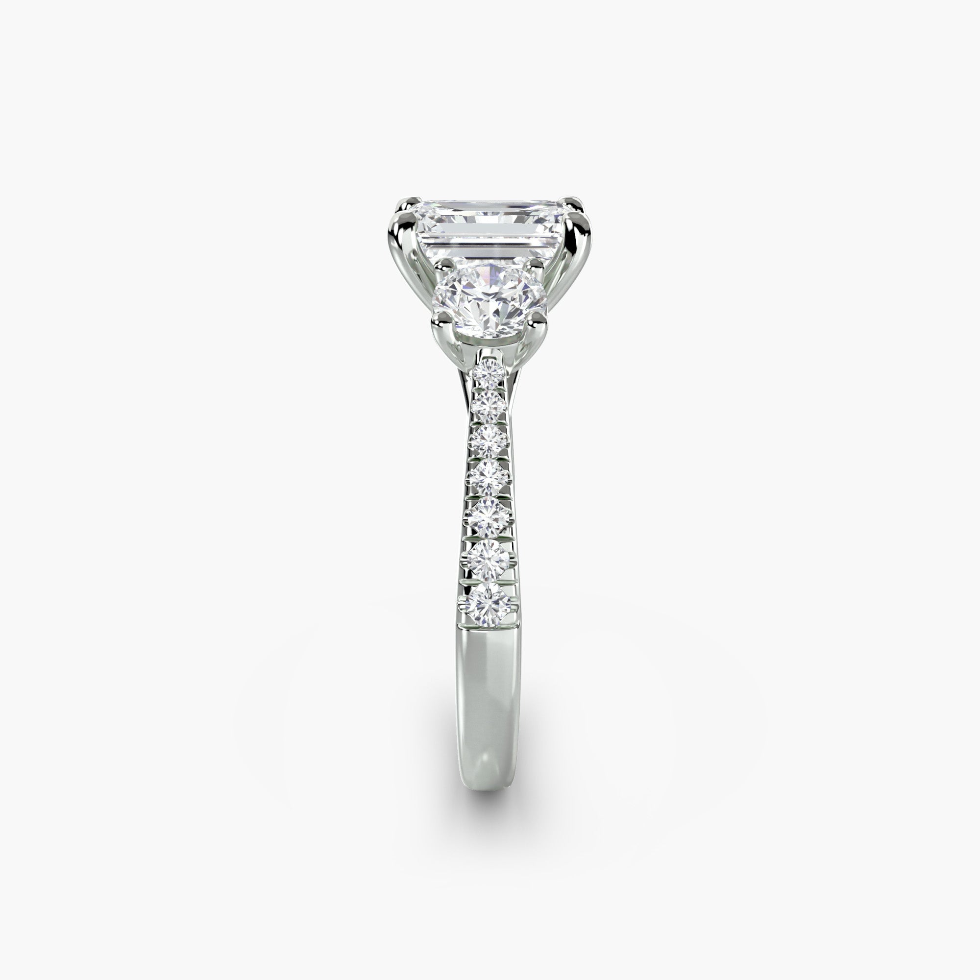 Emerald Three Stone Pavé Tapered Shank Ring