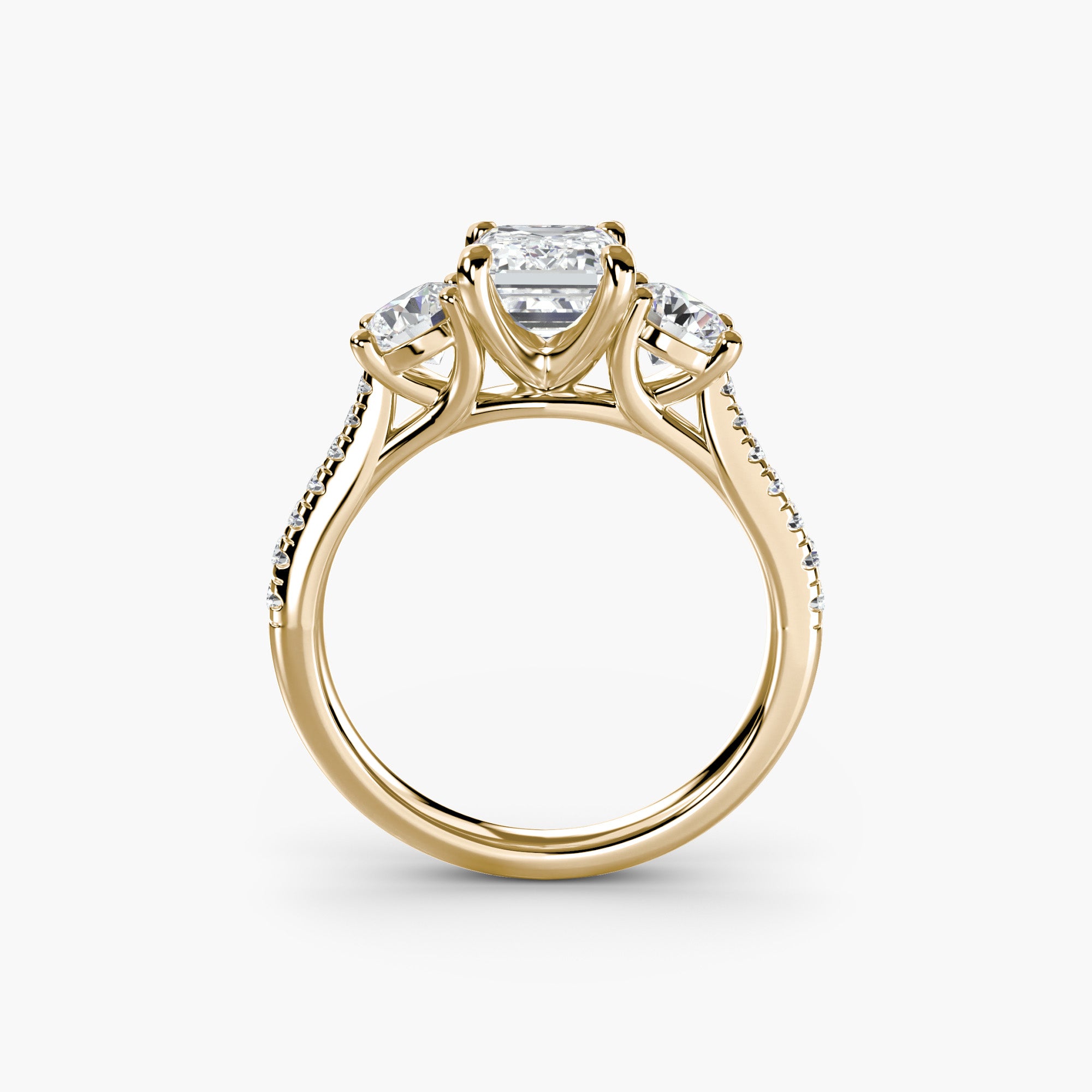 Emerald Three Stone Pavé Tapered Shank Ring