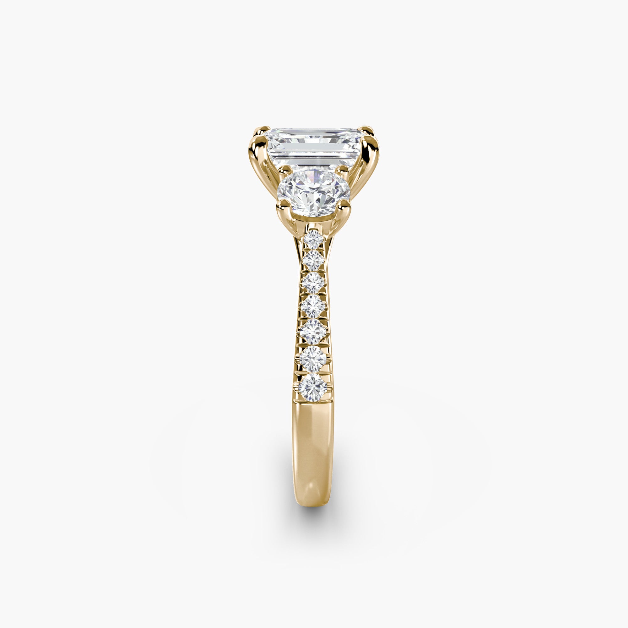 Emerald Three Stone Pavé Tapered Shank Ring