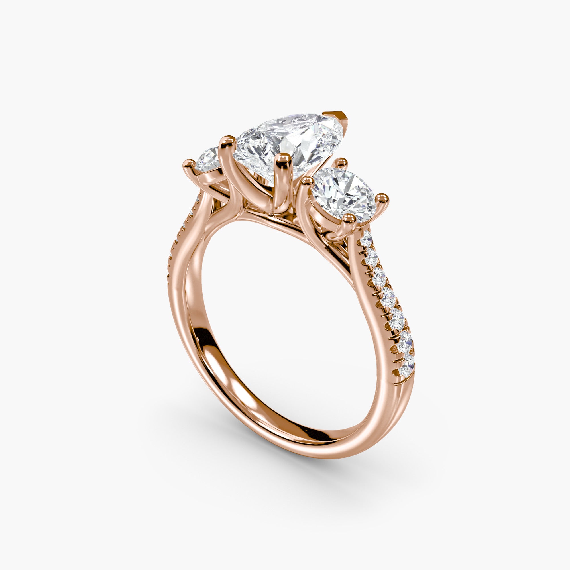 Pear Three Stone Pavé Tapered Shank Ring
