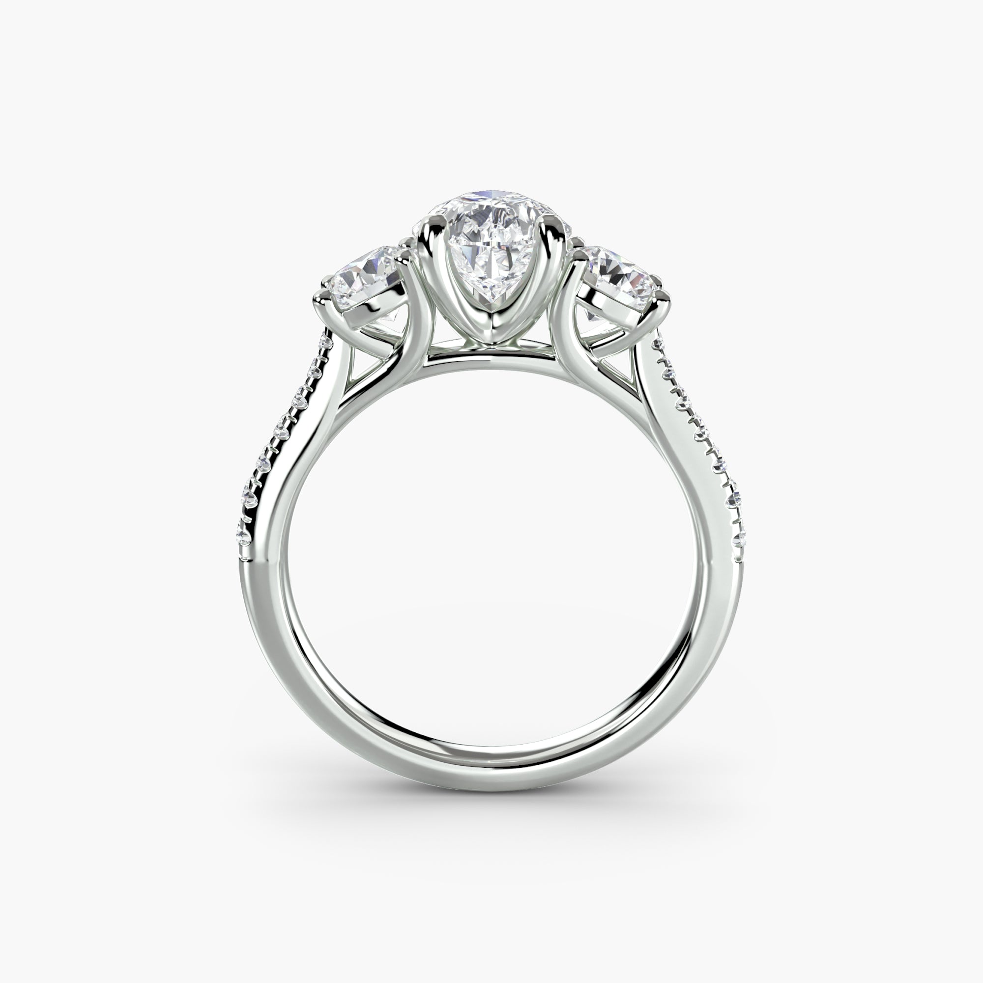 Pear Three Stone Pavé Tapered Shank Ring