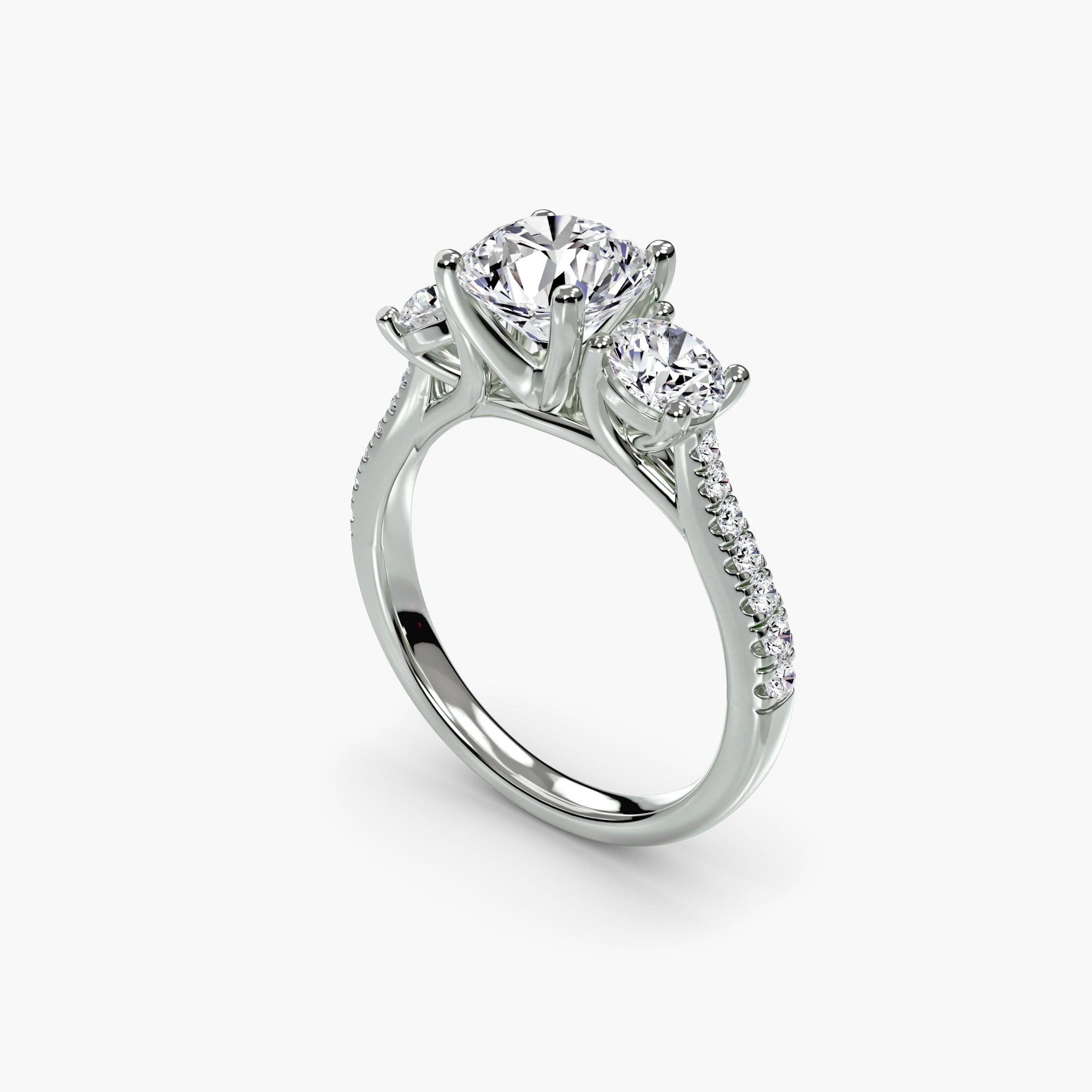 Round Three Stone Pavé Tapered Shank Ring