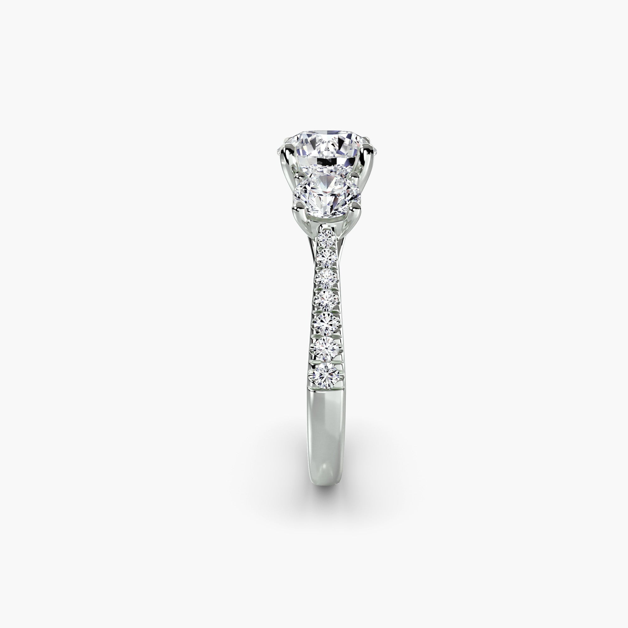Round Three Stone Pavé Tapered Shank Ring