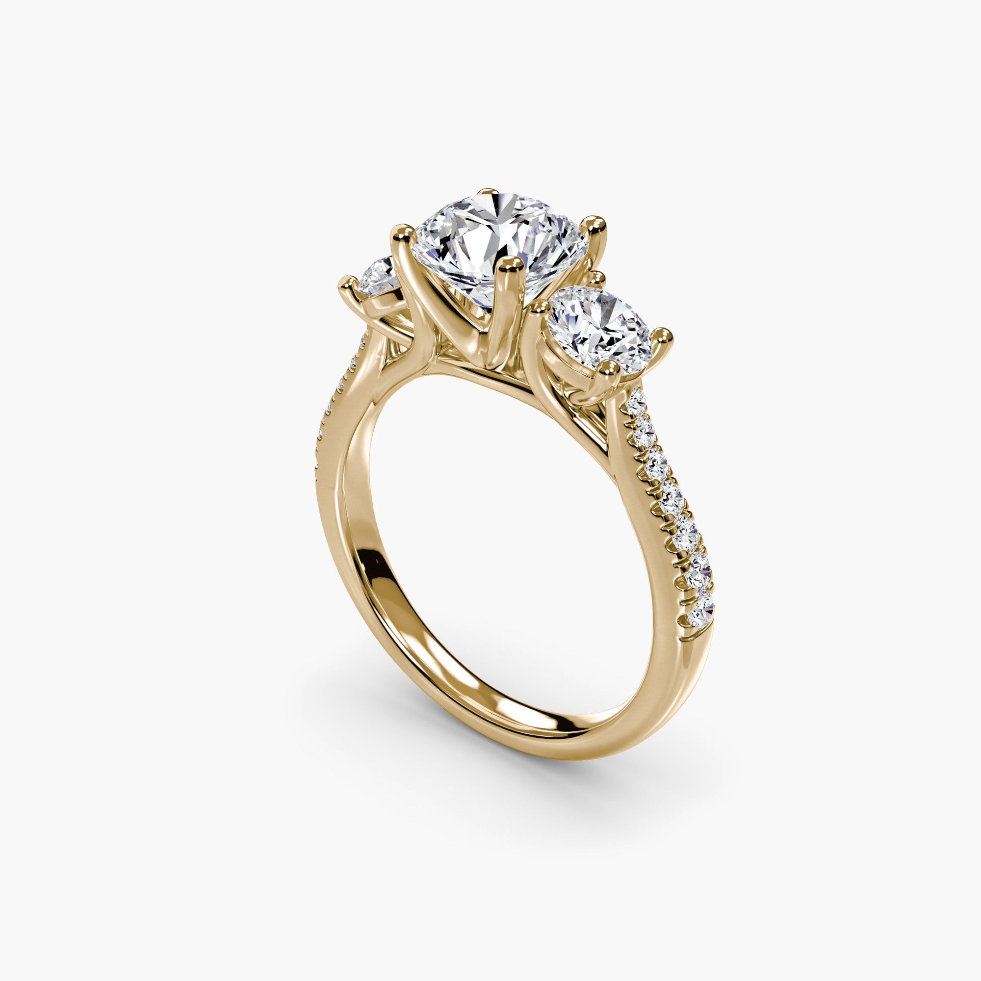 Round Three Stone Pavé Tapered Shank Ring