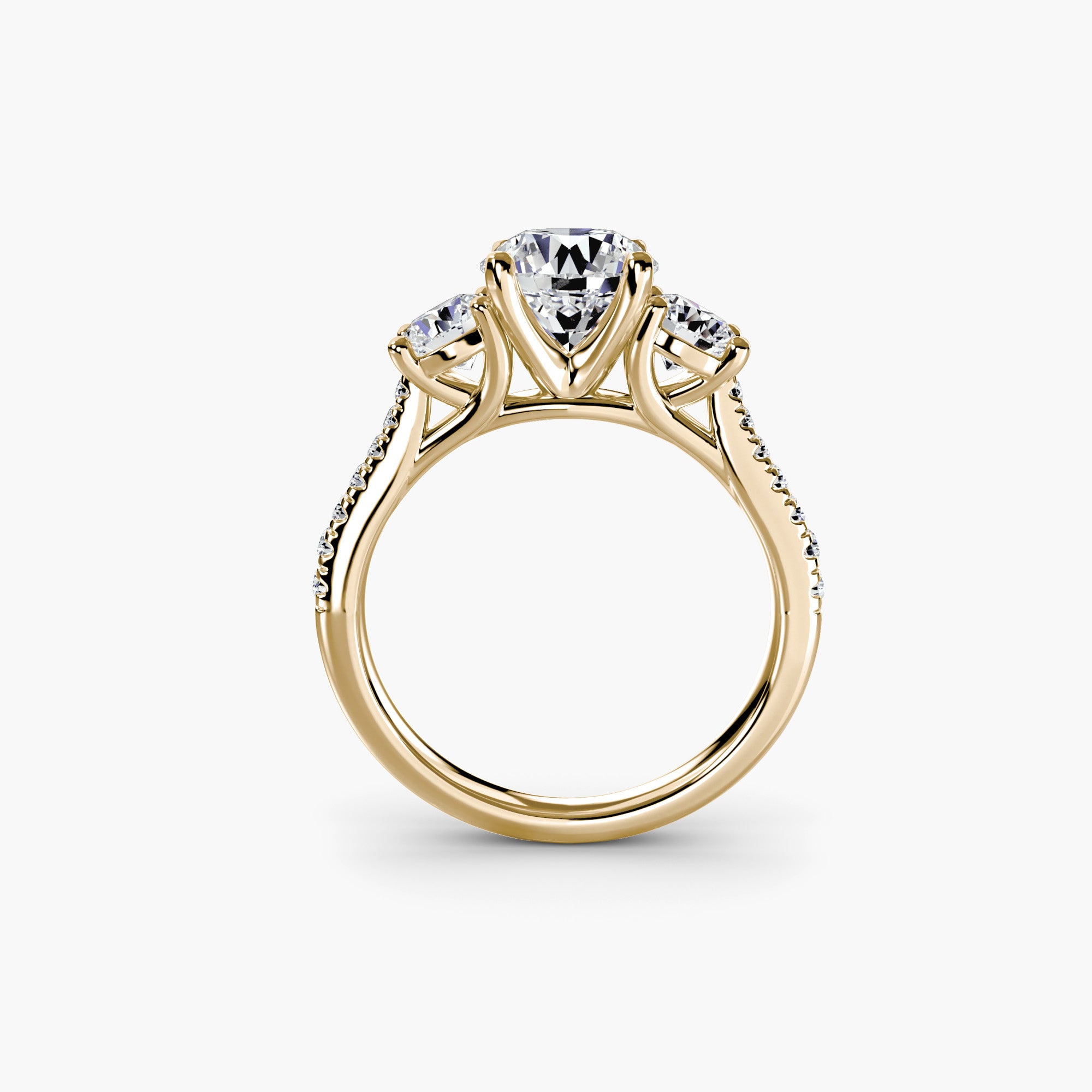 Round Three Stone Pavé Tapered Shank Ring