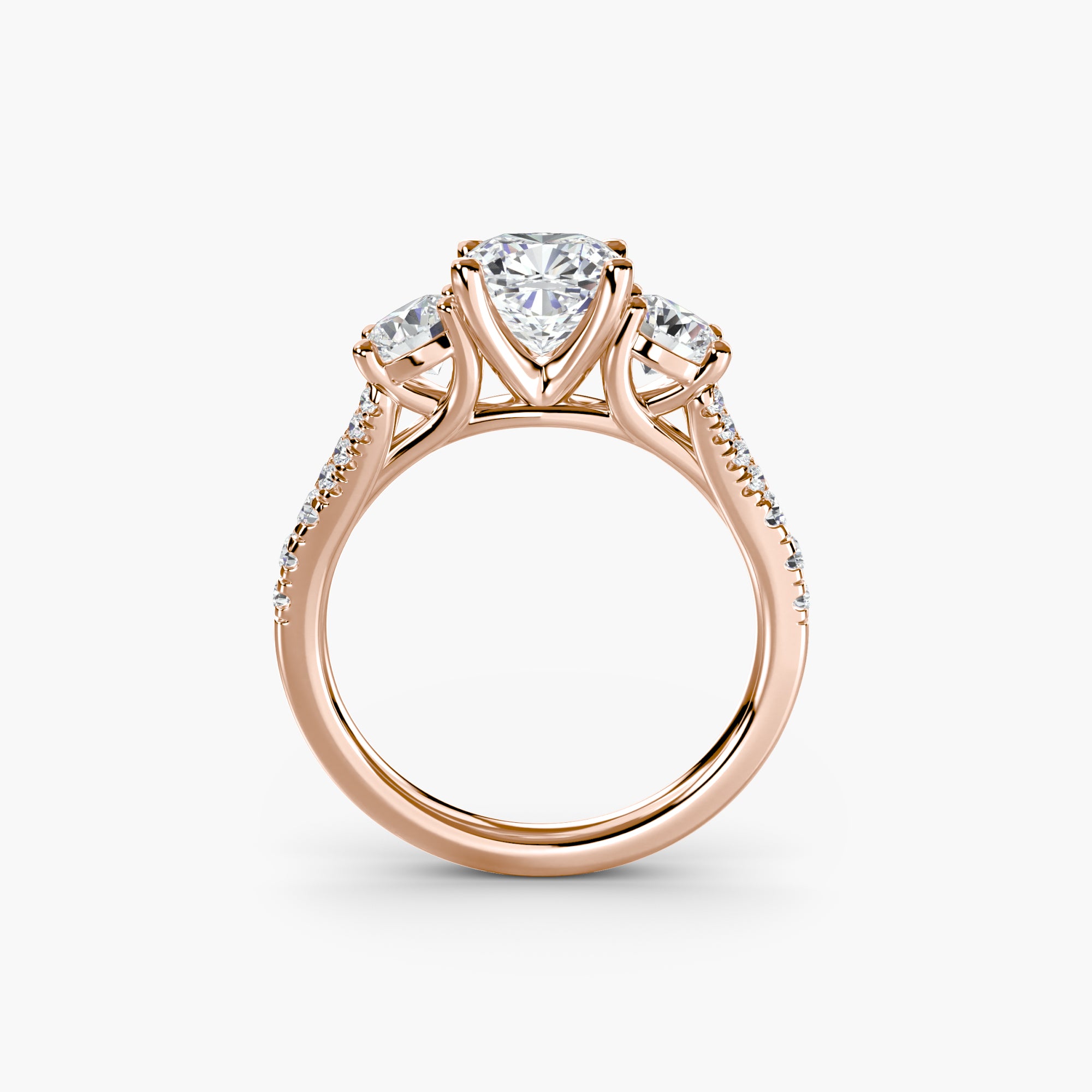 Cushion Split Shank Three Stone Pavé Ring