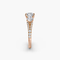Cushion Split Shank Three Stone Pavé Ring