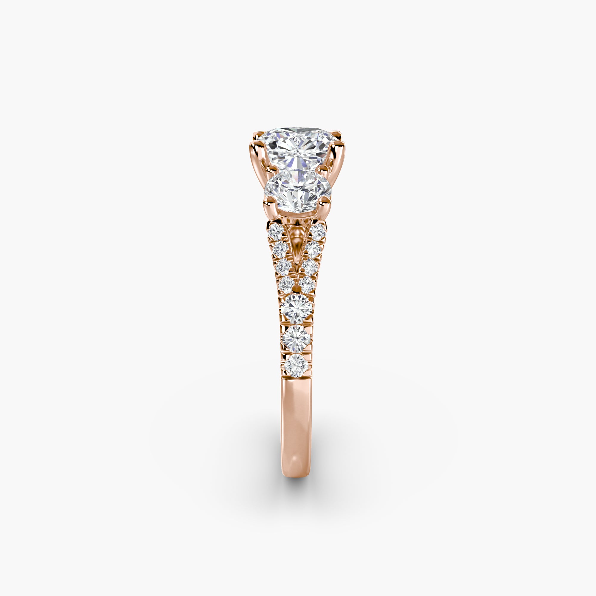 Cushion Split Shank Three Stone Pavé Ring