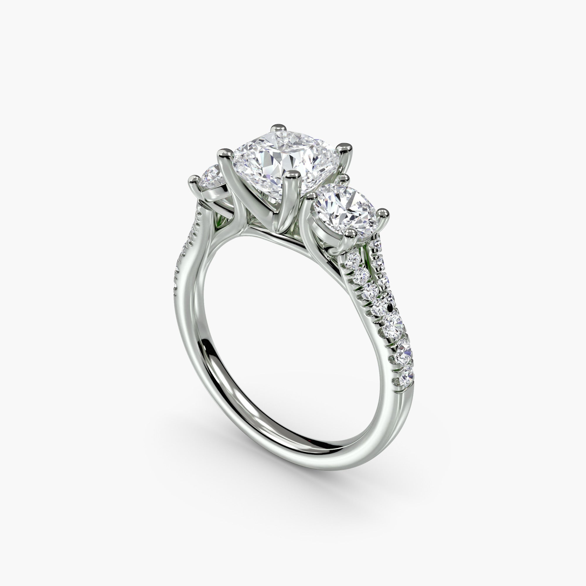 Cushion Split Shank Three Stone Pavé Ring