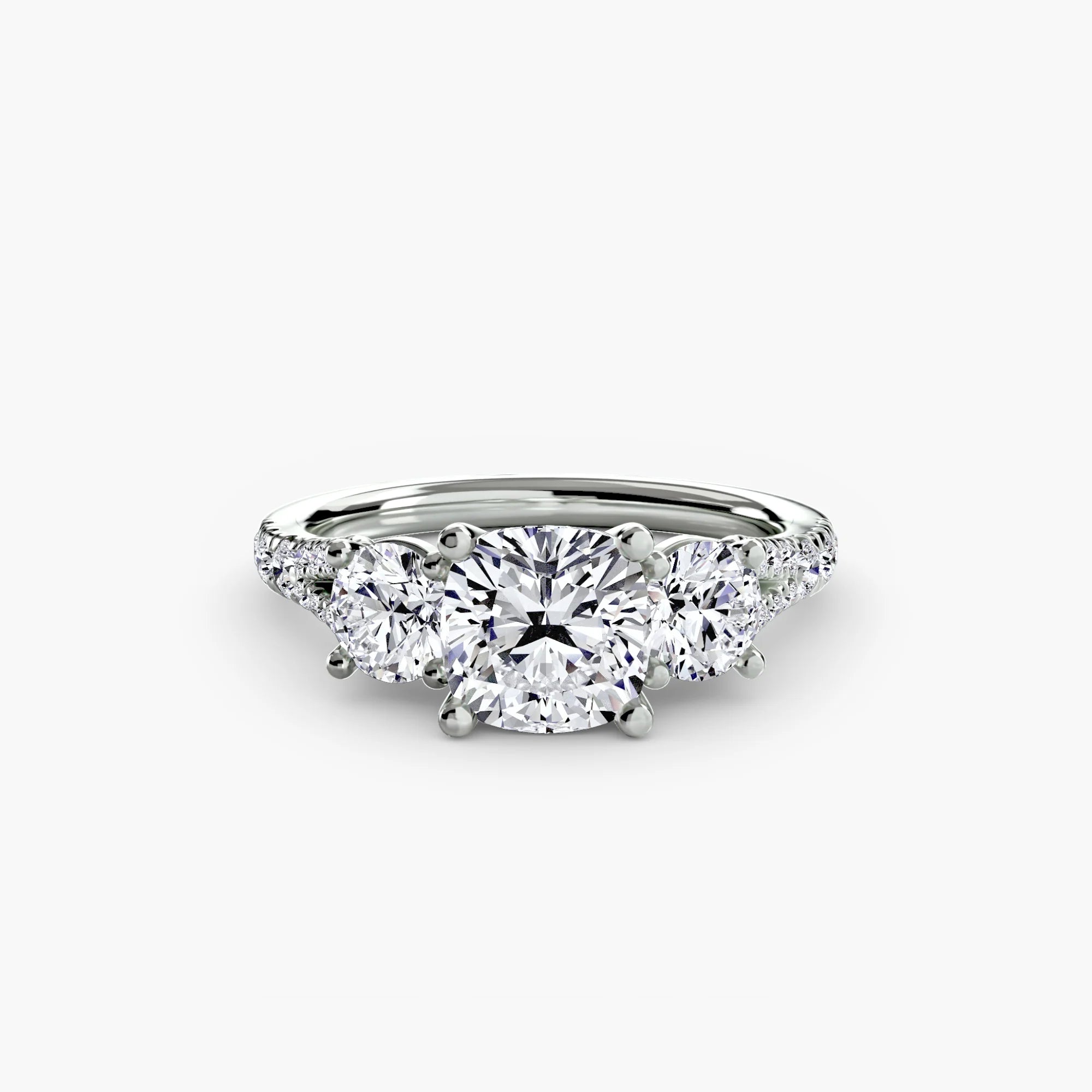 Cushion Split Shank Three Stone Pavé Ring