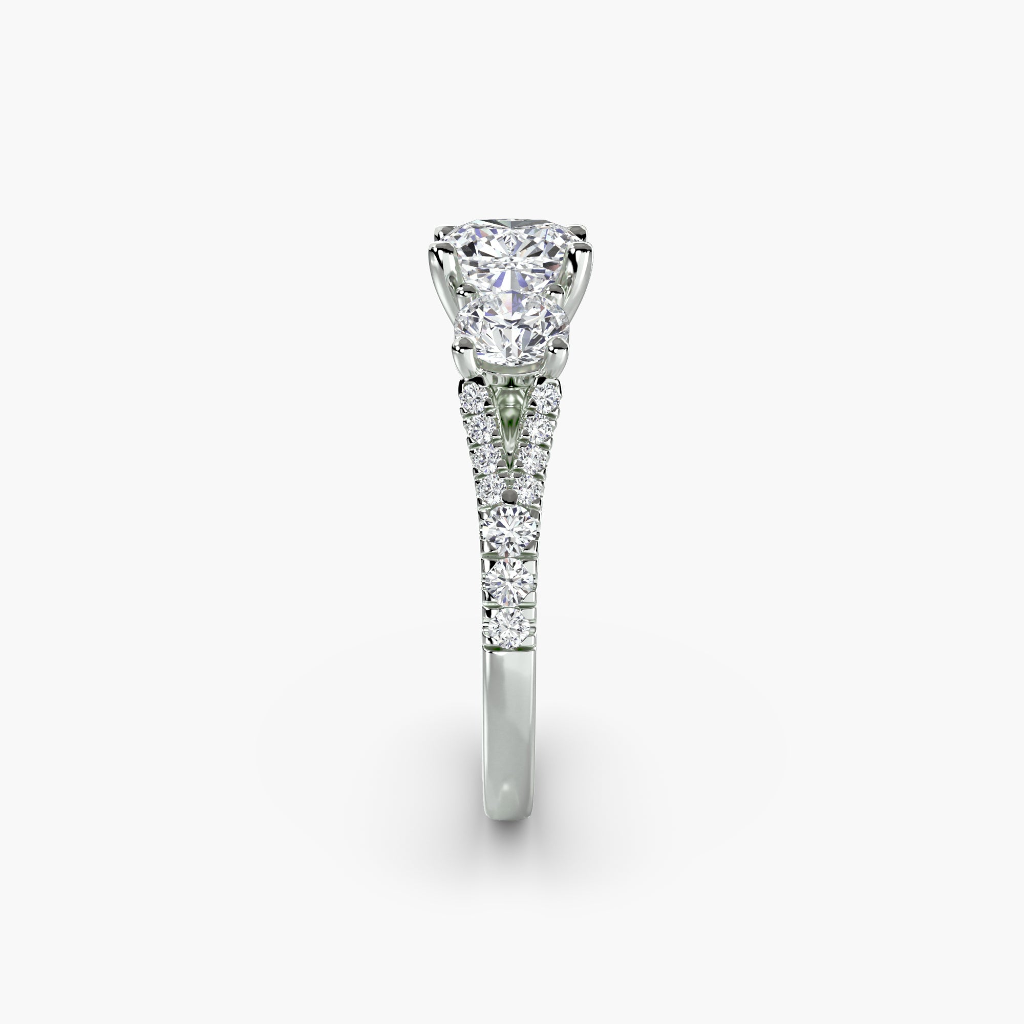 Cushion Split Shank Three Stone Pavé Ring
