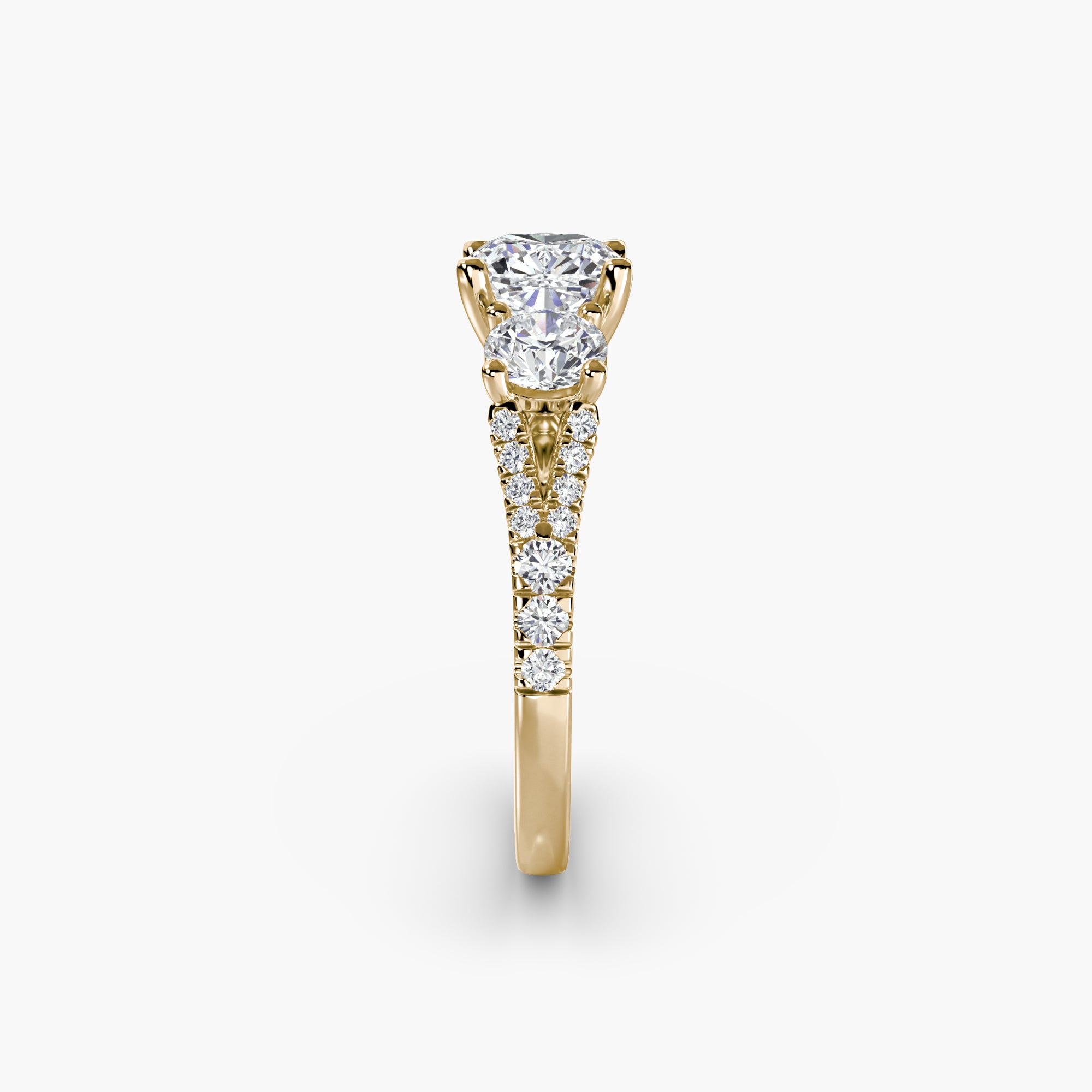 Cushion Split Shank Three Stone Pavé Ring
