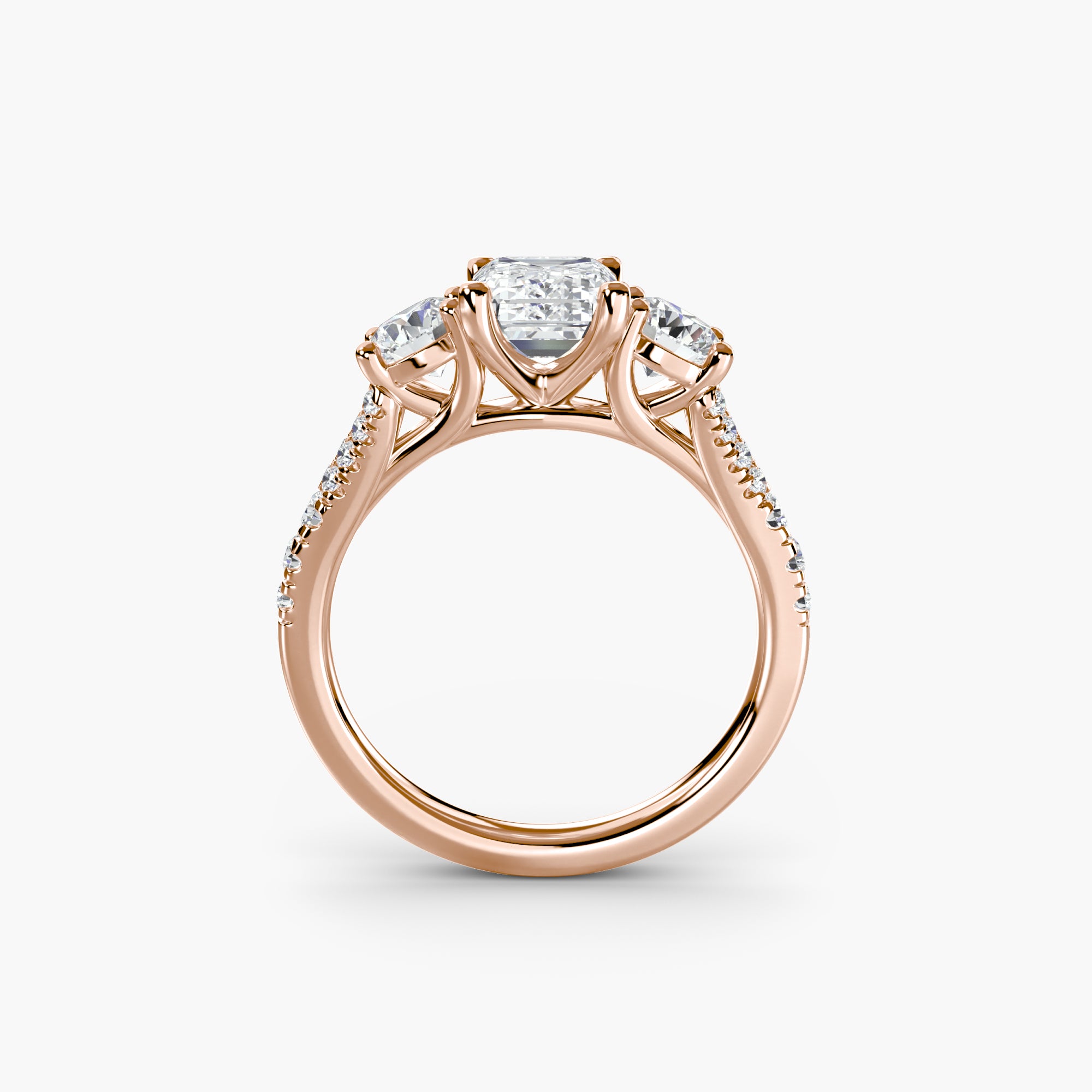 Emerald Split Shank Three Stone Pavé Ring