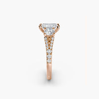 Emerald Split Shank Three Stone Pavé Ring