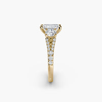 Emerald Split Shank Three Stone Pavé Ring