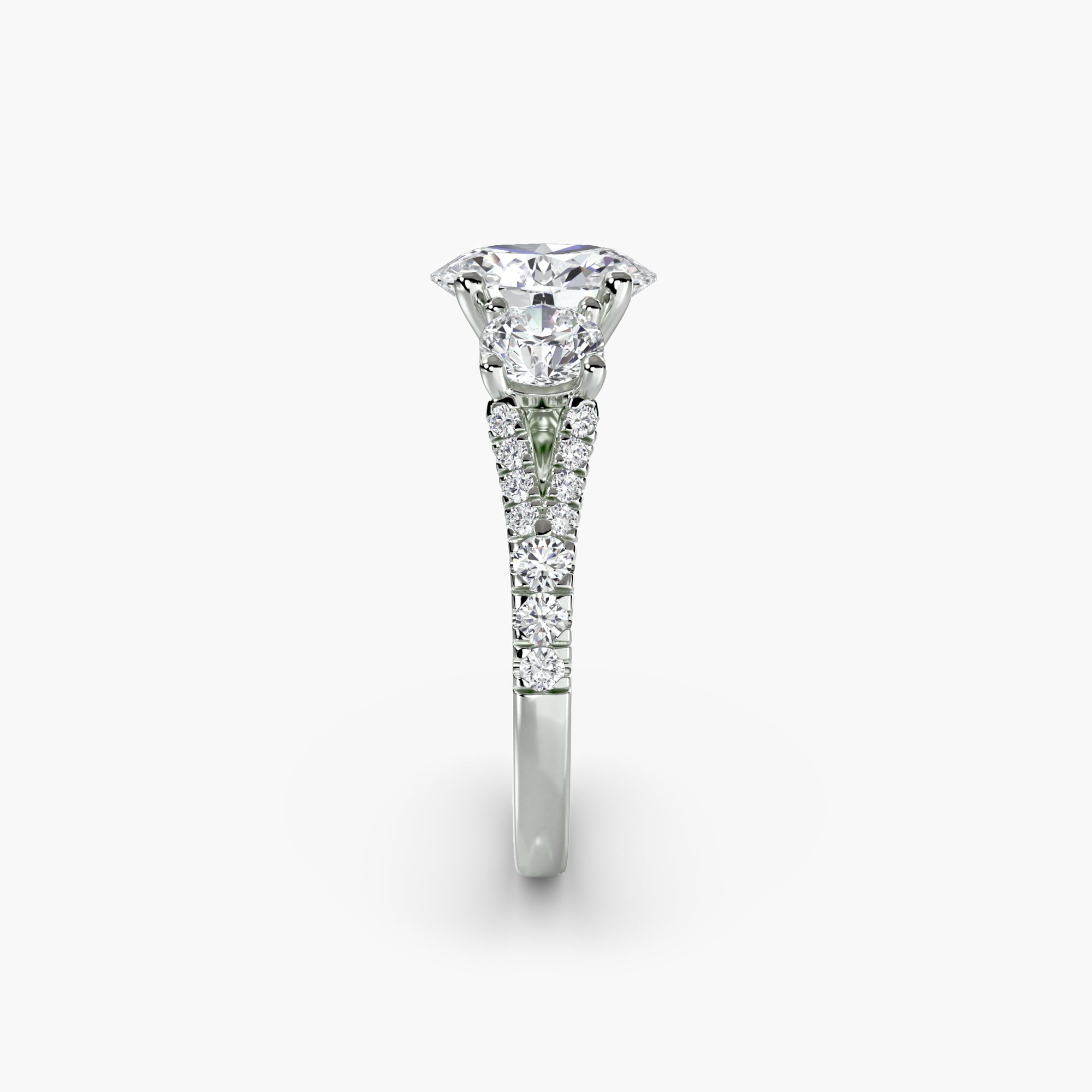 Oval Split Shank Three Stone Pavé Ring