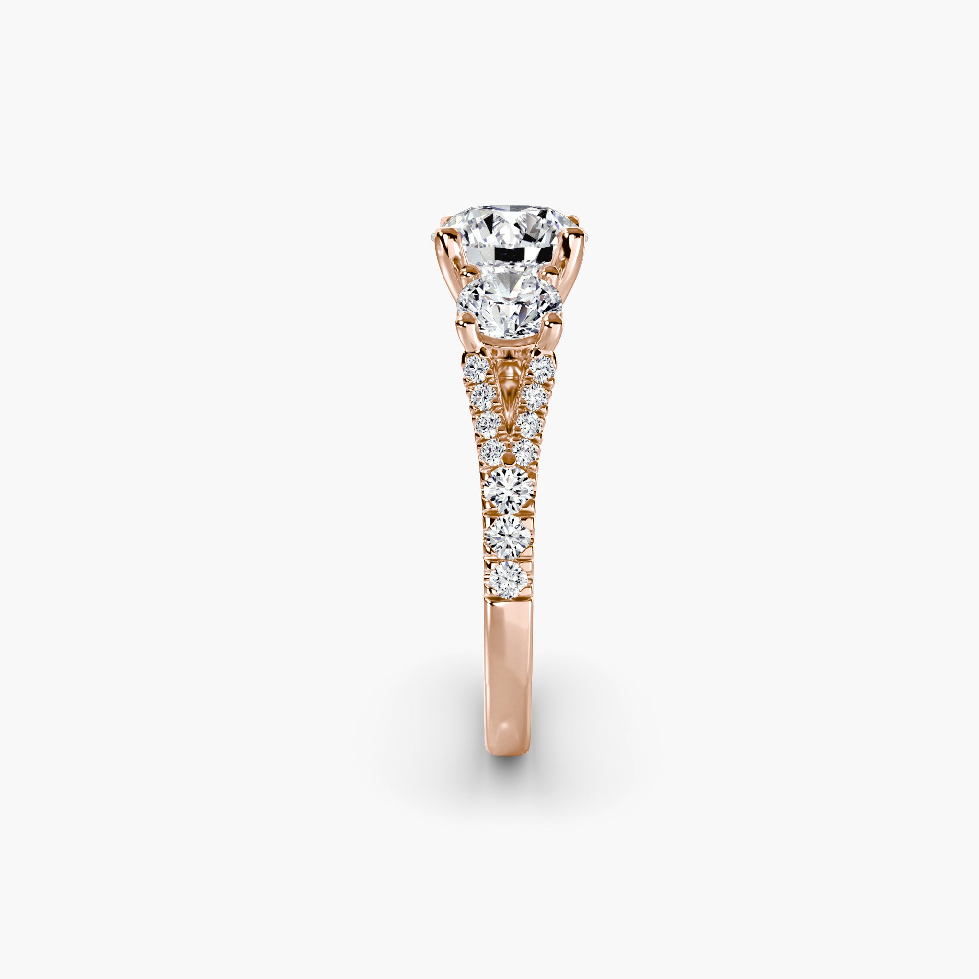 Round Split Shank Three Stone Pavé Ring