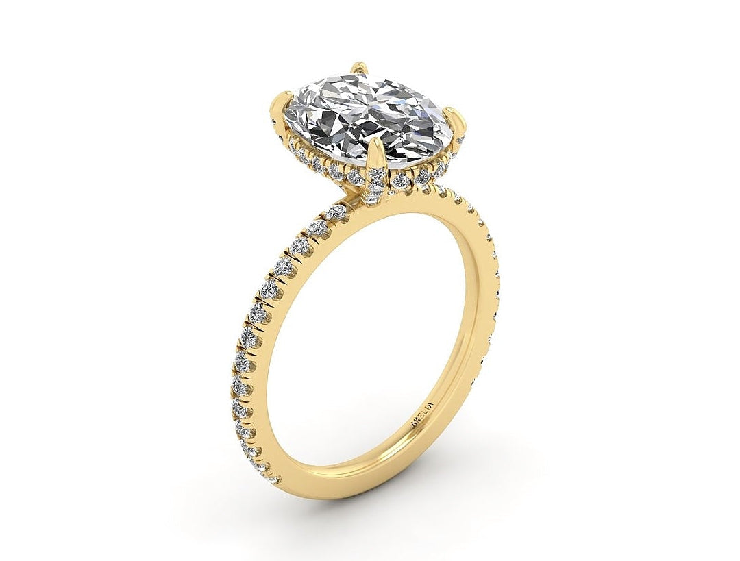 Oval Diamond Set Prongs Gallery Engagement Ring with Pavé Band
