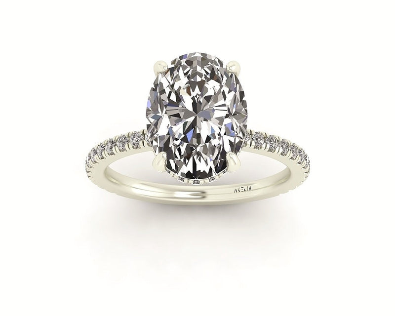 Oval Diamond Set Prongs Gallery Engagement Ring with Pavé Band