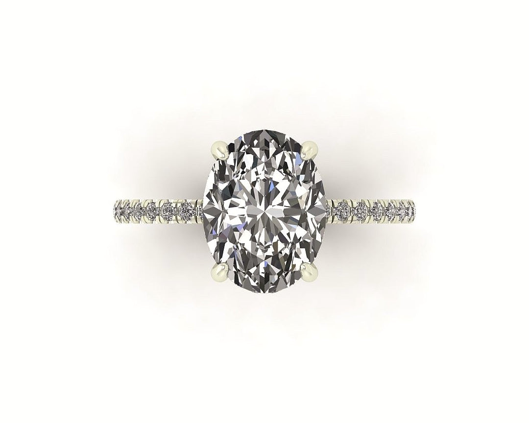 Oval Diamond Set Prongs Gallery Engagement Ring with Pavé Band